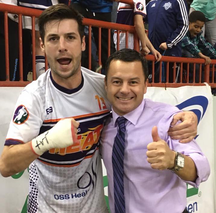 Heat Head Coach Denison Cabral and Stephen Basso celebrate the team's win over the Baltimore Blast.
